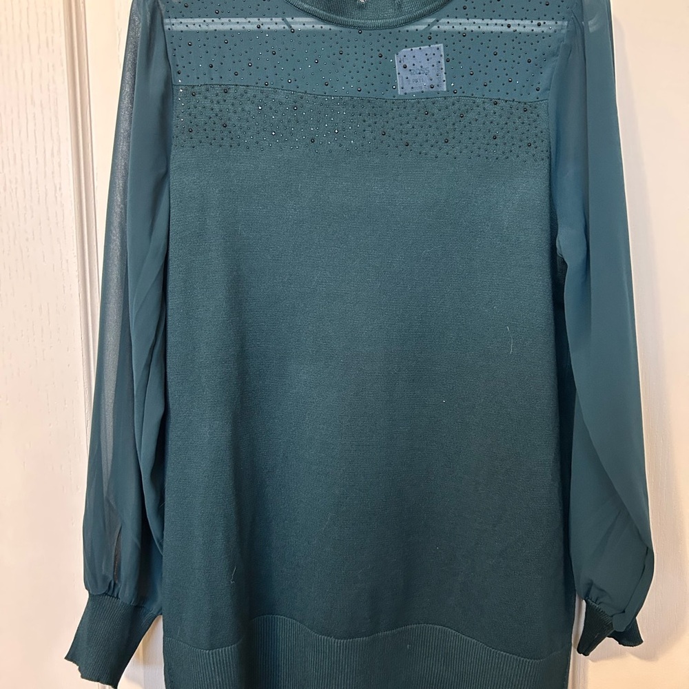 Cable & Gauge Teal Blouse with Sheer Sleeves